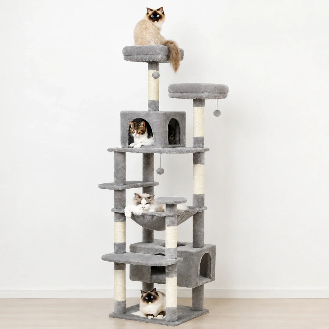 Two cats relaxing on a 184 cm tall gray multi-level cat tree featuring plush platforms, scratching posts, and cozy hideaways.