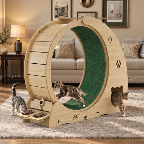 5-in-1 Cat Wheel & Tree - indoor lifestyle with several cats - Petifo
