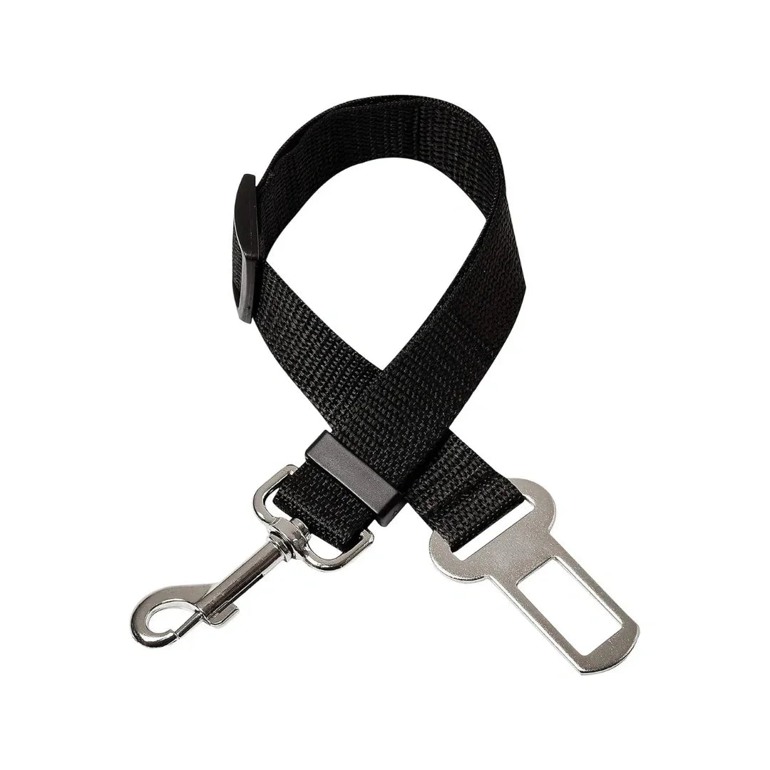 Adjustable black nylon pet car seat belt safety leash with metal buckle and swivel snap hook