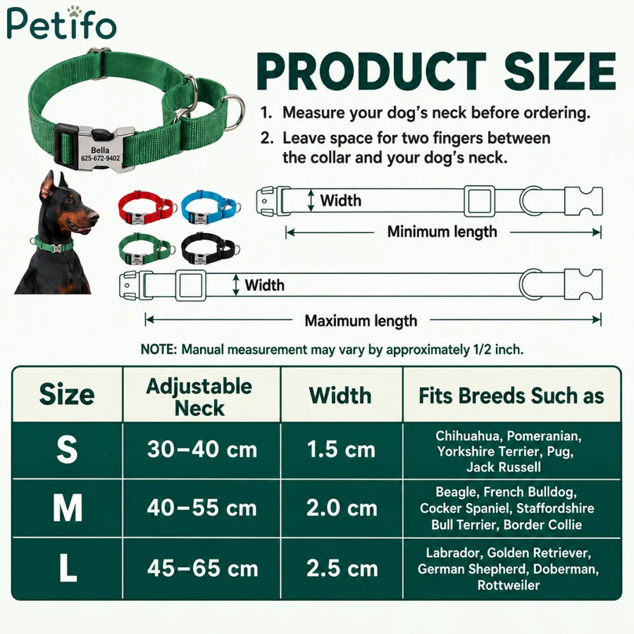 Größentabelle und Messanleitung für verstellbare reflektierende Hundehalsbänder mit individuellem Namensschild aus Metall.