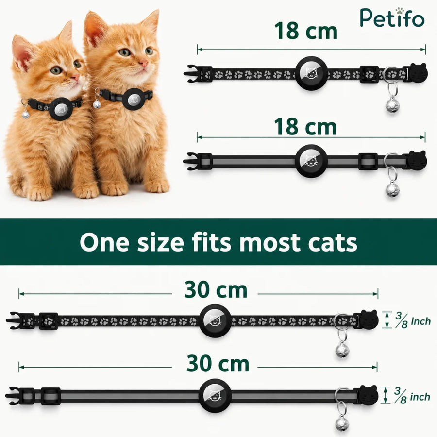 Größen-Infografik mit verstellbaren Maßen von 18 cm bis 30 cm: Eine Größe passt den meisten Katzen.