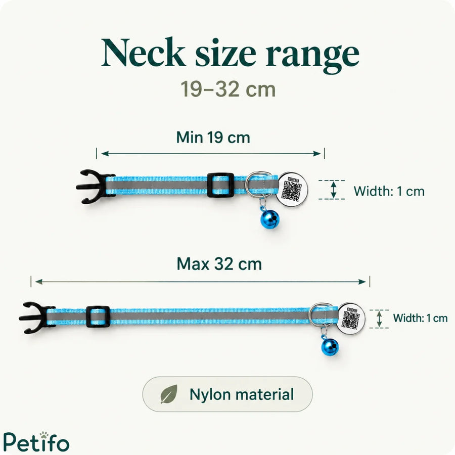 Infografik mit dem verstellbaren Halsumfang von 19 bis 32 Zentimetern und 1 Zentimeter Breite für das Katzenhalsband aus Nylon.