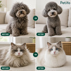 Before and after comparison showing a poodle and a ragdoll cat with untamed coats transformed into smooth, well-groomed fur after using the Petifo brush.
