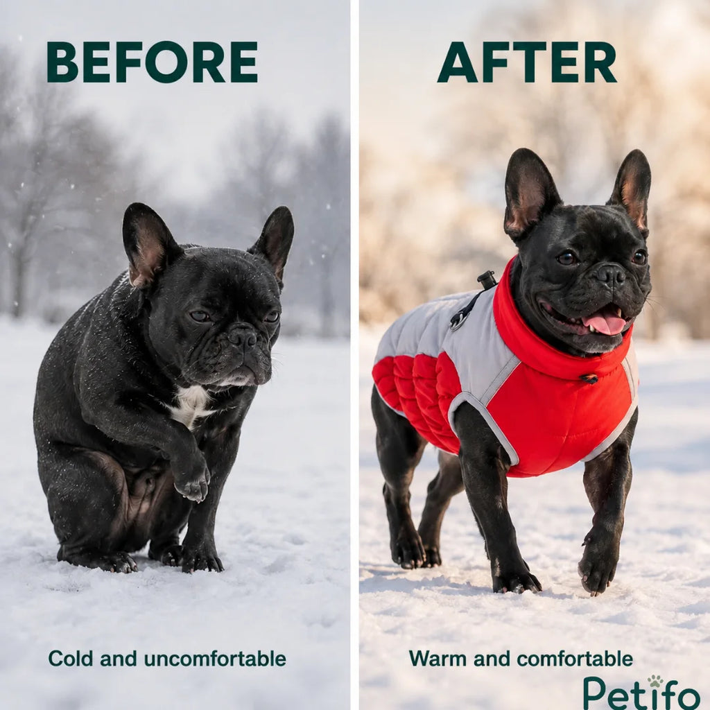 Before and after comparison showing a French bulldog appearing cold and uncomfortable versus warm and happy in a winter dog jacket.