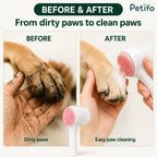 Before and after comparison showing a muddy dog paw transformed into a clean paw using the Petifo 2-in-1 pet brush.