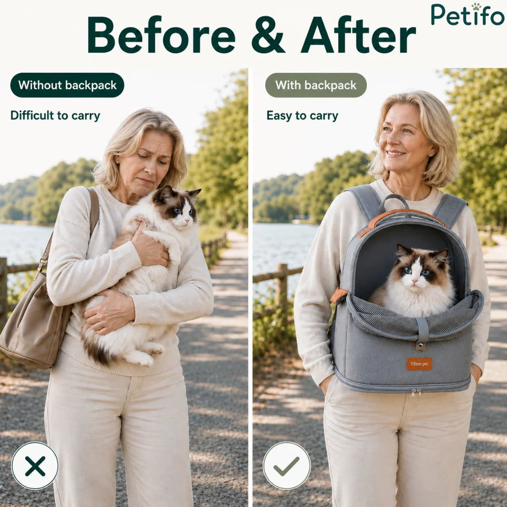 Before and after comparison demonstrating how much easier it is to carry a fluffy cat using a pet backpack instead of holding it by hand.