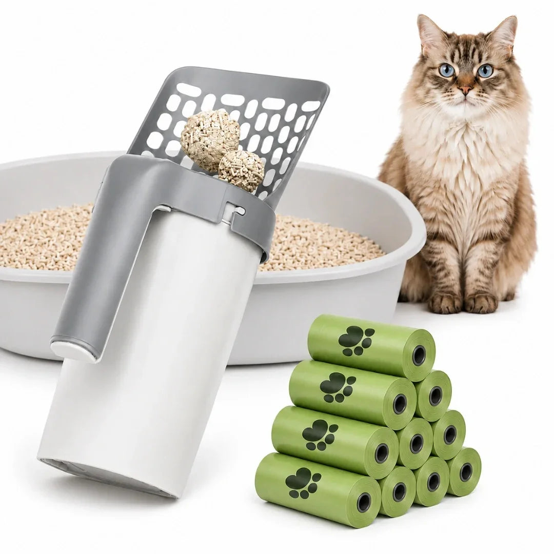 Cat litter scoop and waste container set displayed next to a fluffy cat and biodegradable refill bags.