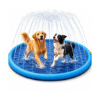 Golden Retriever and Border Collie playing together in a blue circular dog sprinkler pool.