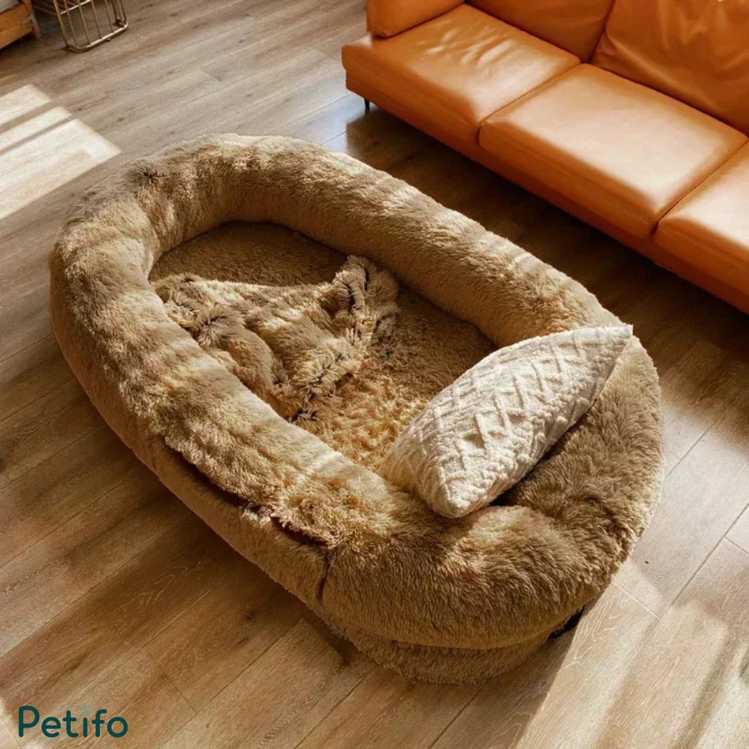 Cozy brown plush oval human dog bed placed on a wooden floor near a modern orange sofa.