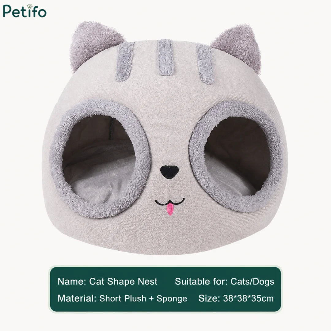 Product specification display for the Petifo cat nest listing the name ("Cat Shape Nest"), target audience ("Suitable for Cats/Dogs"), material ("Short Plush + Sponge"), and dimensions ("383835cm").