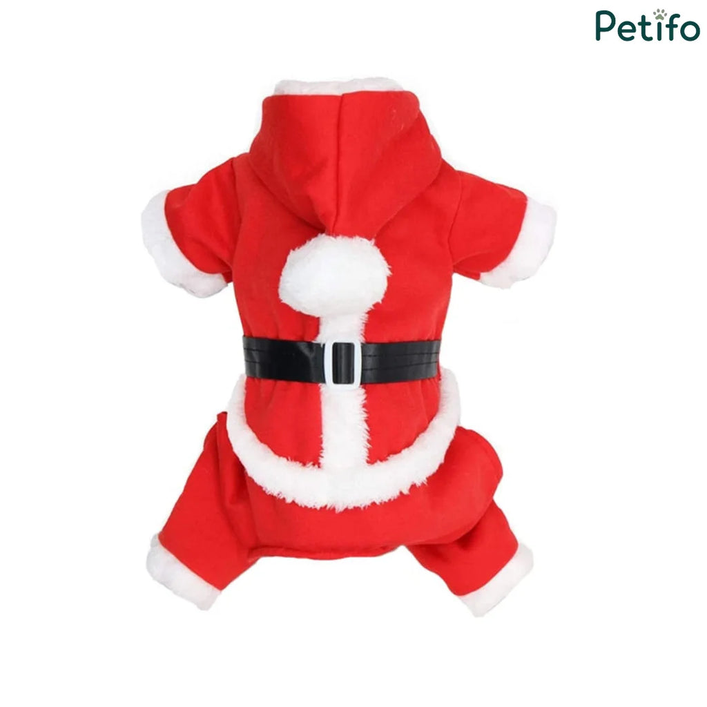 Back view of a red and white Santa Claus dog costume with a black belt.