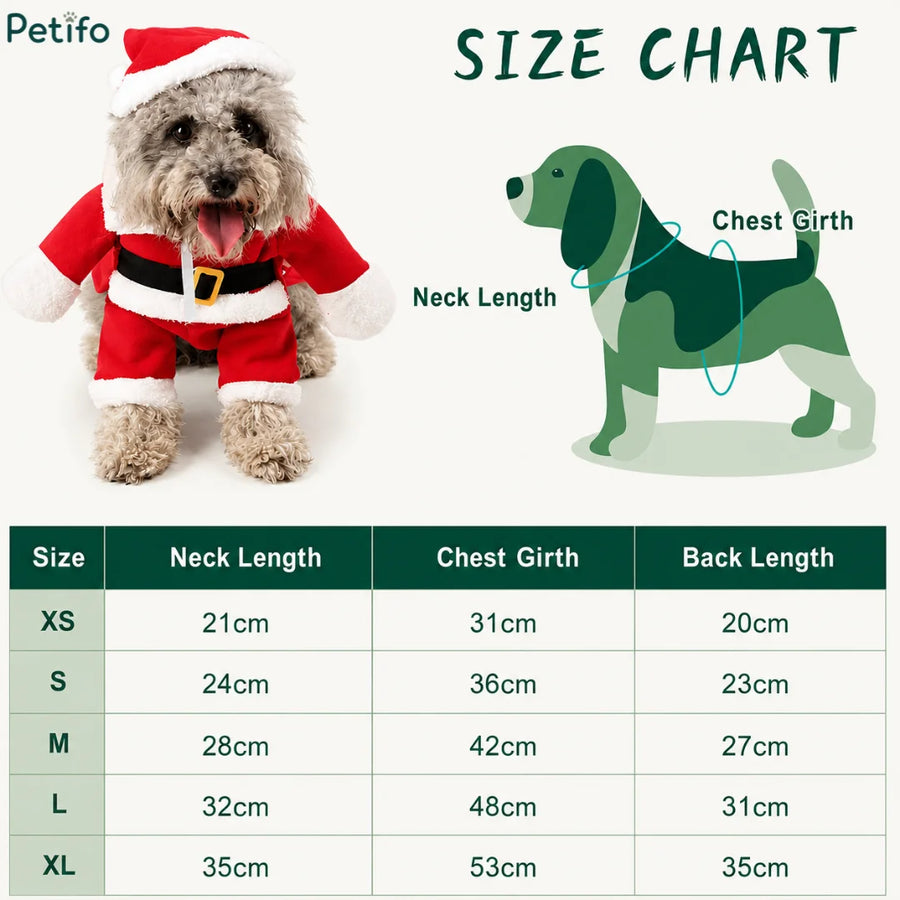 Größentabelle für das Weihnachtsmann-Kostüm für Hunde mit Hals-, Brust- und Rückenmaß.