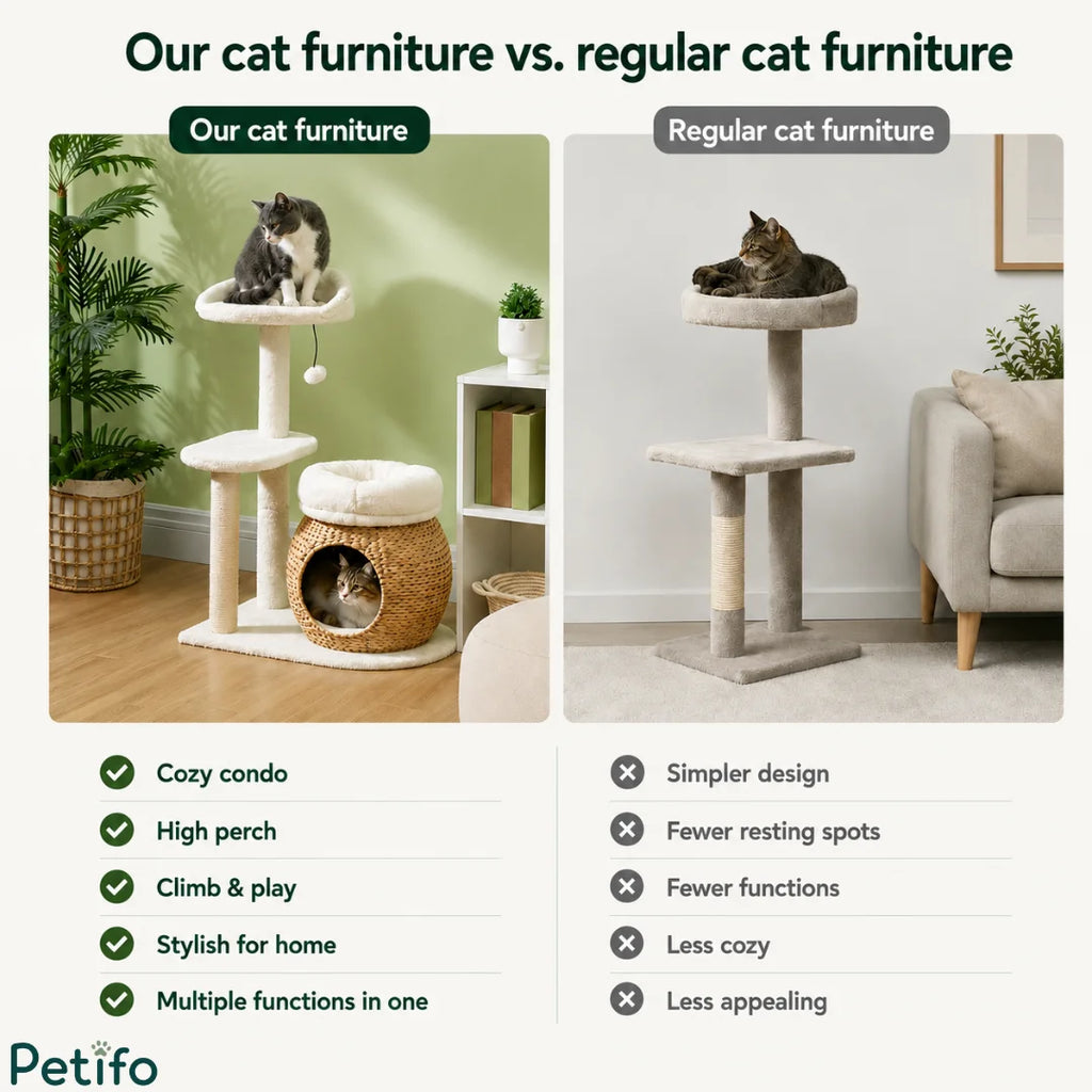 Comparative infographic contrasting the cozy features of the multi-level woven cat tree with a standard basic cat scratching post.