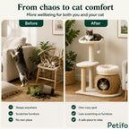Before-and-after contrast scene demonstrating how providing a dedicated activity tree protects furniture from scratching and keeps cats relaxed.