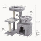 Labeled dimension diagram for a grey plush cat tree, detailing the specific sizes for the top bed, resting basket, and enclosed cat house.