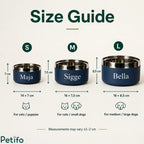 Detailed size chart infographic outlining small, medium, and large dimensions and measurements for personalized stainless steel pet bowls.