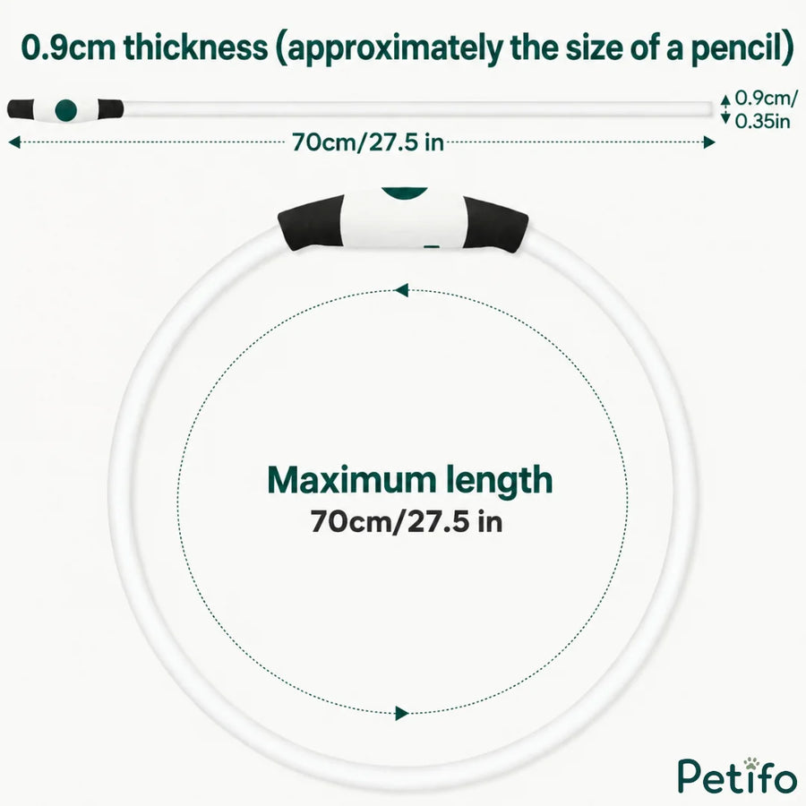 Maßzeichnung des leuchtenden Hundehalsbands mit einer maximalen Länge von 70 cm und einer Dicke von 0,9 cm.