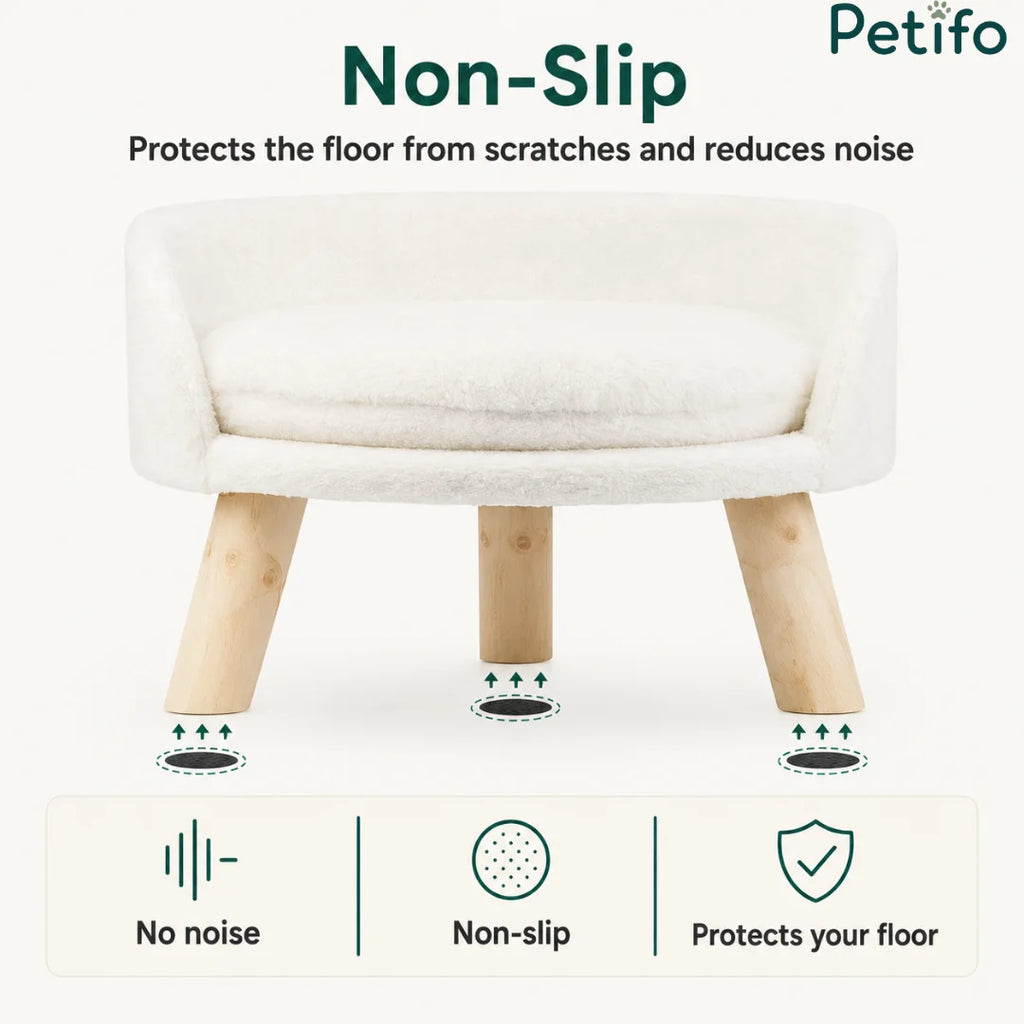 Diagram highlighting the non-slip design of an elevated pet bed, which protects floors from scratches and reduces noise.