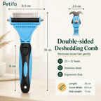 Petifo double-sided deshedding comb displaying key product dimensions including an 18 cm total length, 8.5 cm comb width, and 11 cm grip length.