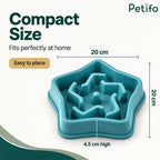 Dimensions diagram showing 20 cm width and 4.5 cm height of teal slow feeder bowl