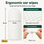 Infographic showing the 8 cm by 4 cm dimensions and textured surface of an ergonomic pet ear cleaning wipe.