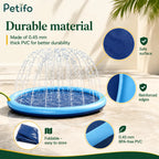Infographic detailing the durable, safe, and foldable 0.45 mm BPA-free PVC material of the dog pool.