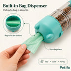 Built-in bag dispenser graphic illustrating how a green poop bag roll fits securely inside the bottom compartment and pulls out easily.