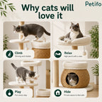 Four-quadrant action graphic illustrating cats climbing, relaxing on the top perch, playing with the hanging toy, and hiding inside the basket.