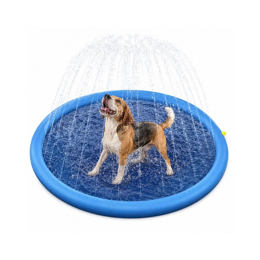 Beagle splashing and looking up happily inside an outdoor blue dog sprinkler pool.
