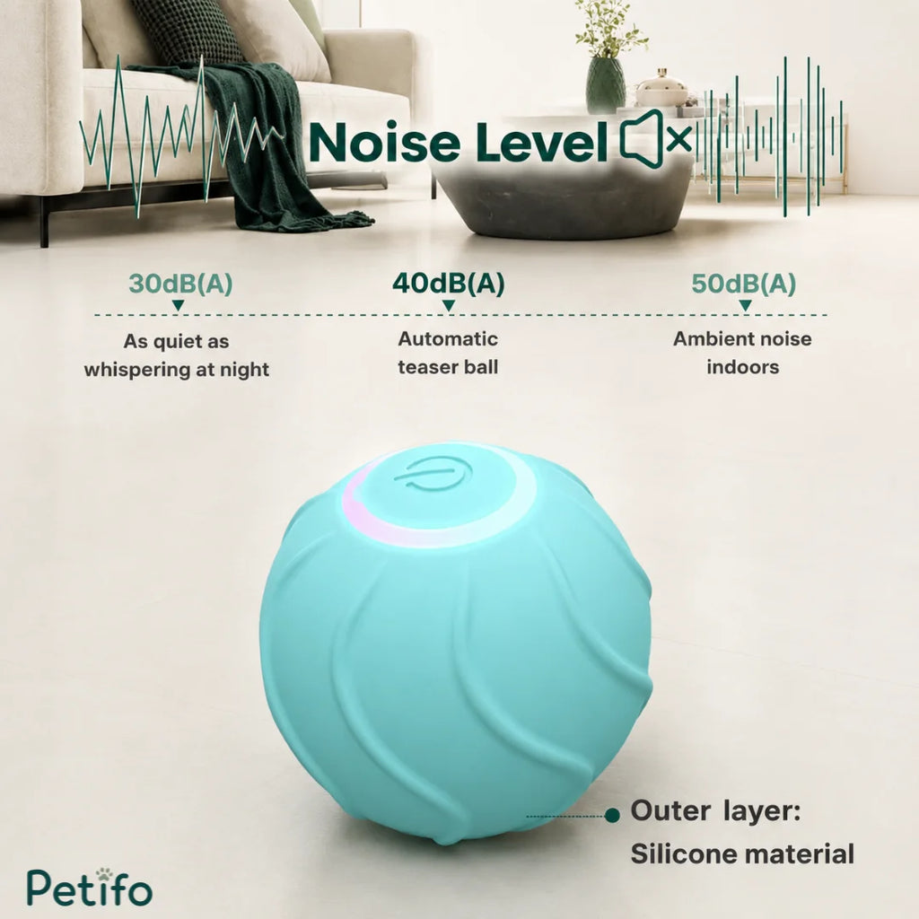 Blue Petifo automatic teaser ball with a quiet 40dB(A) silicone outer layer designed for indoor play.
