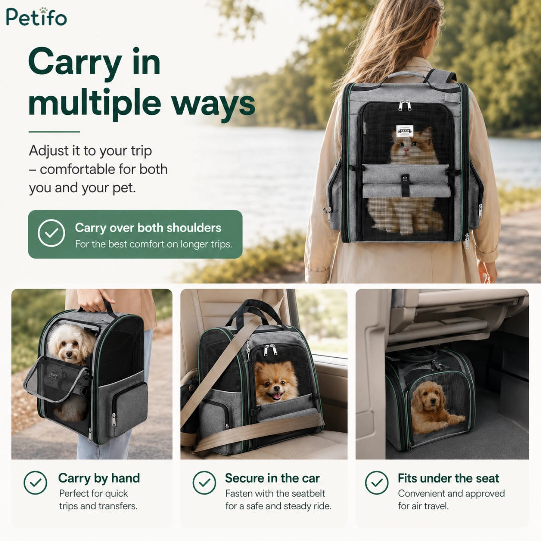 Infographic highlighting multiple carrying options for the Petifo pet backpack including over both shoulders, by hand, secured in a car seat, and under an airplane seat.