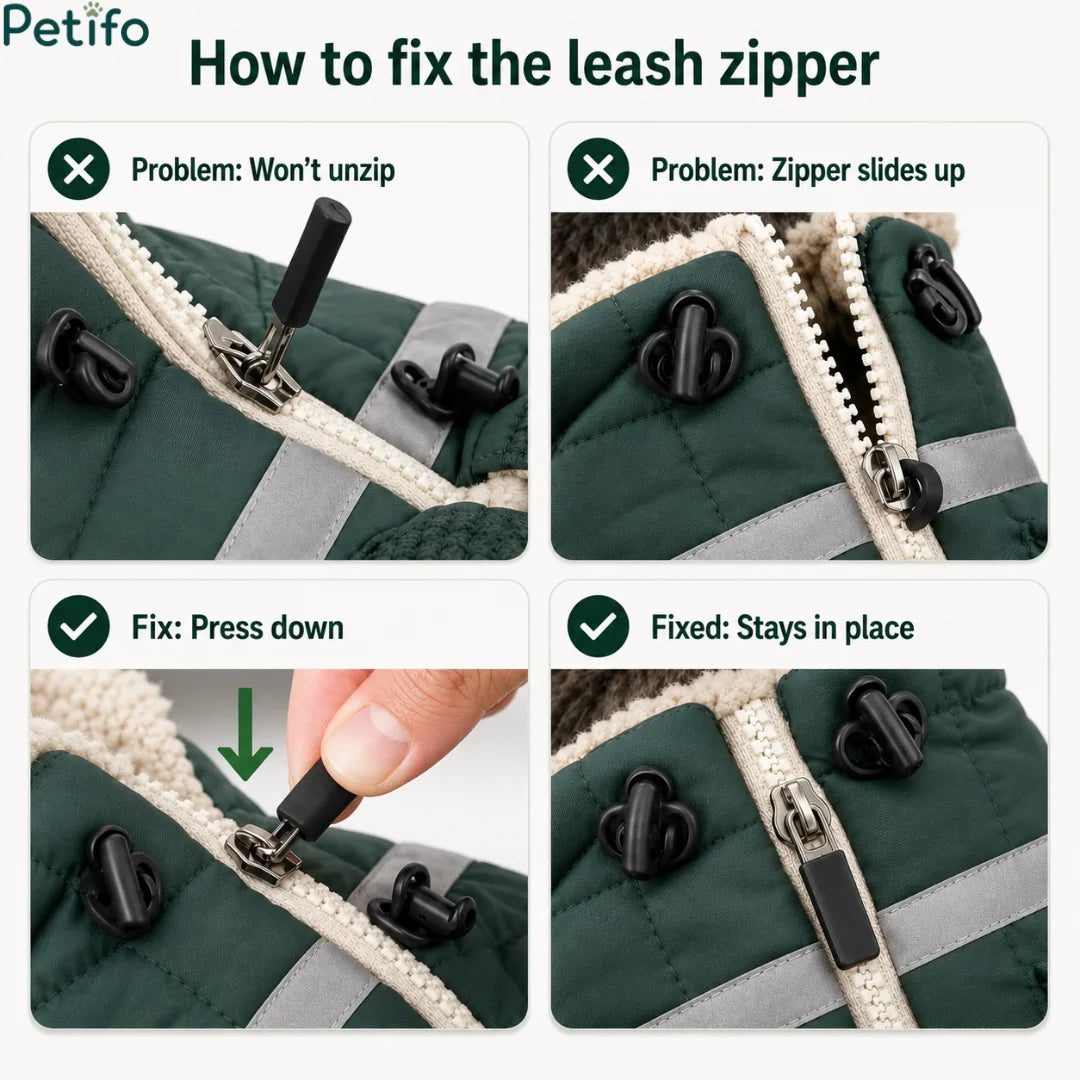 Instructional guide detailing how to fix and adjust the jacket's leash zipper by pressing down the slider mechanism.