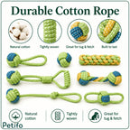 Informational overview highlighting natural cotton composition, durable weaving techniques, and features built for long-lasting tug and fetch play.