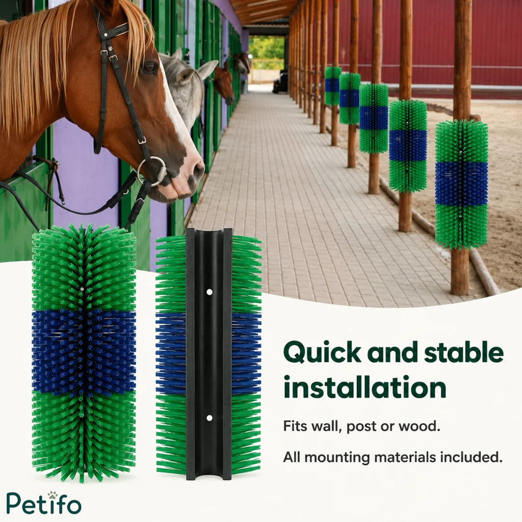 Multiple equestrian scratch brushes installed securely along wooden stable posts in a barn hallway.