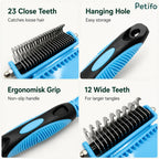 Detailed view of the Petifo deshedding comb highlighting its 23 close teeth, hanging hole, ergonomic non-slip grip, and 12 wide teeth.