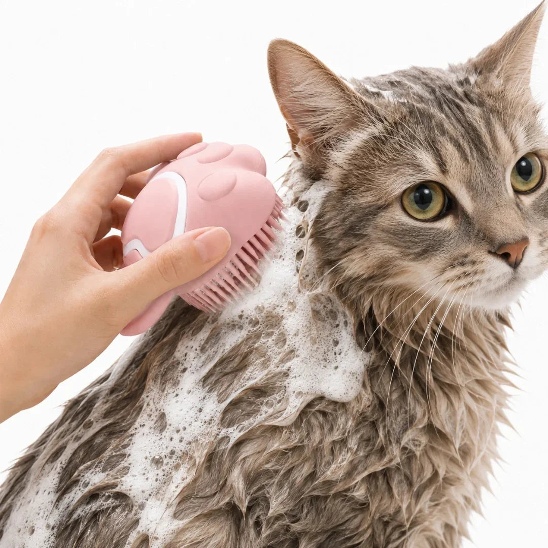 A cute grey cat enjoying a relaxing soapy bath while being brushed with the pink Petifo silicone brush.