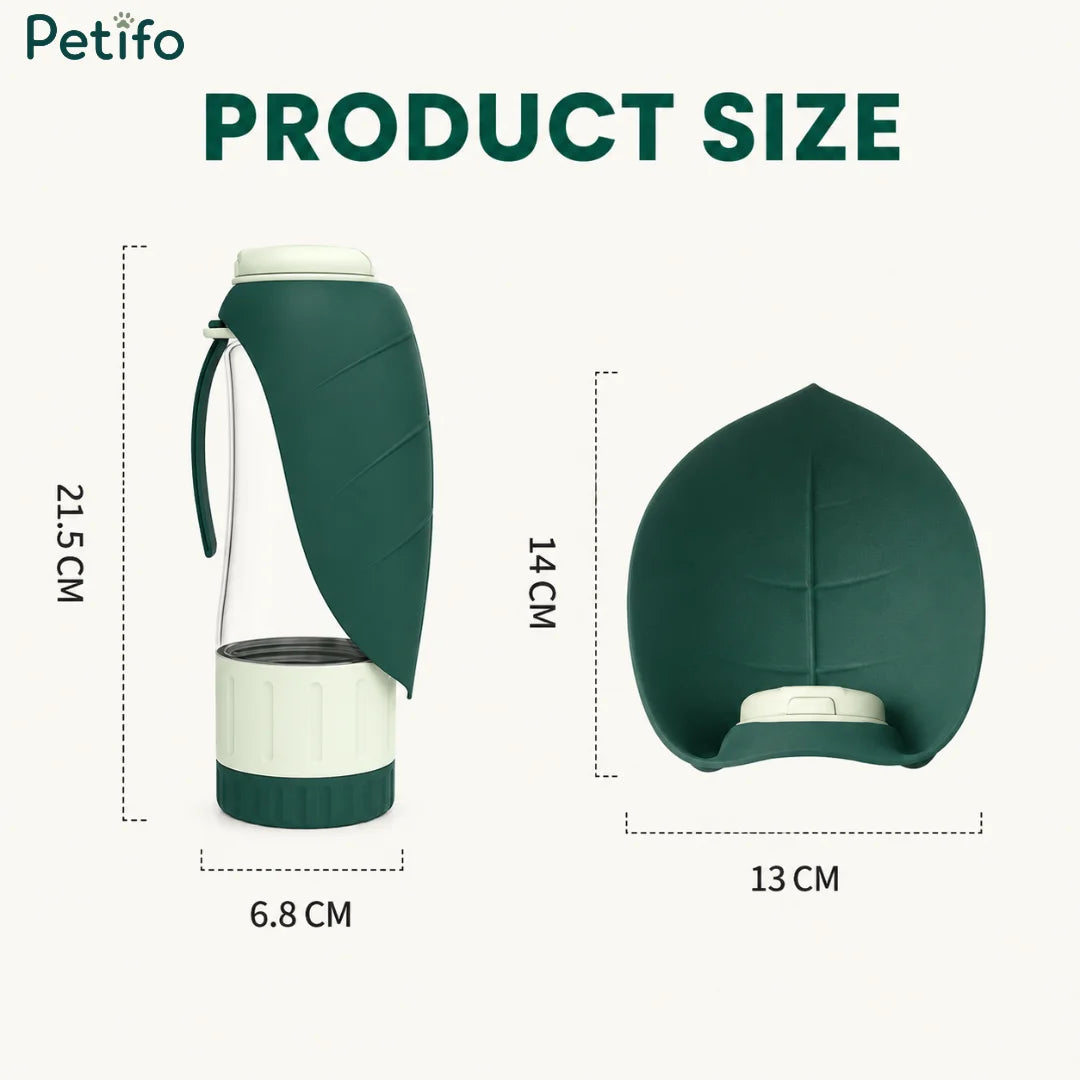 Product dimension diagram displaying the exact height and width measurements of the Petifo portable dog water bottle and leaf trough.