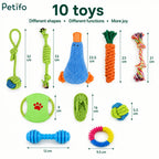 Sizing guide infographic displaying precise measurements for all ten items included in the puppy chew rope toy bundle.