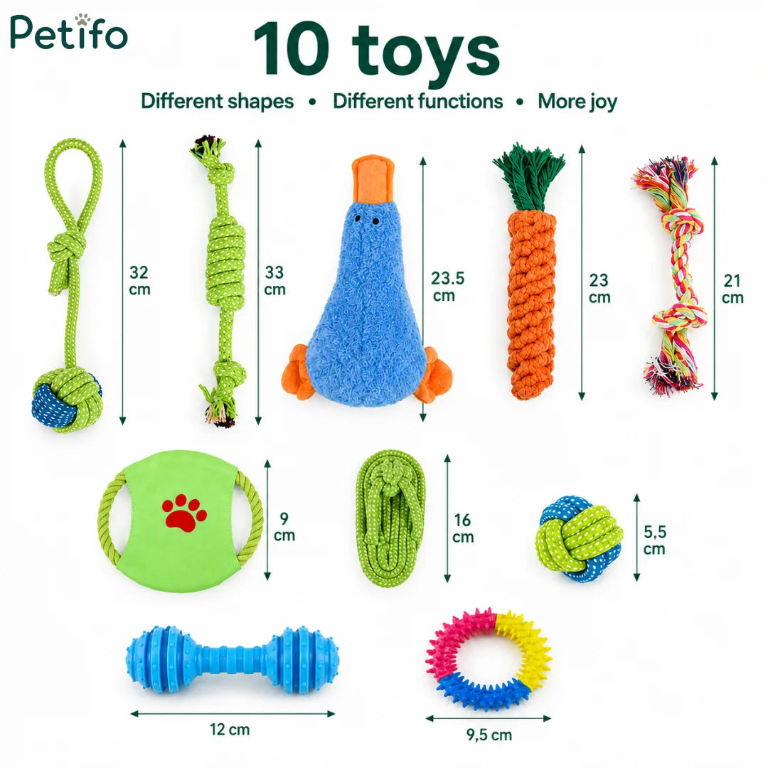 Sizing guide infographic displaying precise measurements for all ten items included in the puppy chew rope toy bundle.