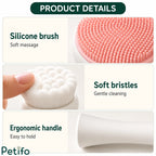 Product details close-up highlighting the silicone massage brush, soft cleaning bristles, and ergonomic handle of the Petifo tool.