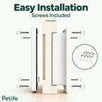 Exploded view diagram illustrating the straightforward installation process of the pet door with included screws and hardware.