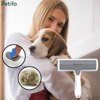 A person holding a Beagle while showcasing the Petifo pet hair remover, featuring a circular inset highlighting the roller's push-button mechanism and a gathered clump of collected pet fur.