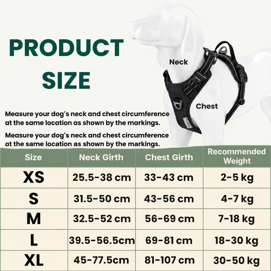 Größentabelle für das Hundegeschirr mit Maßen für die Größen XS bis XL.