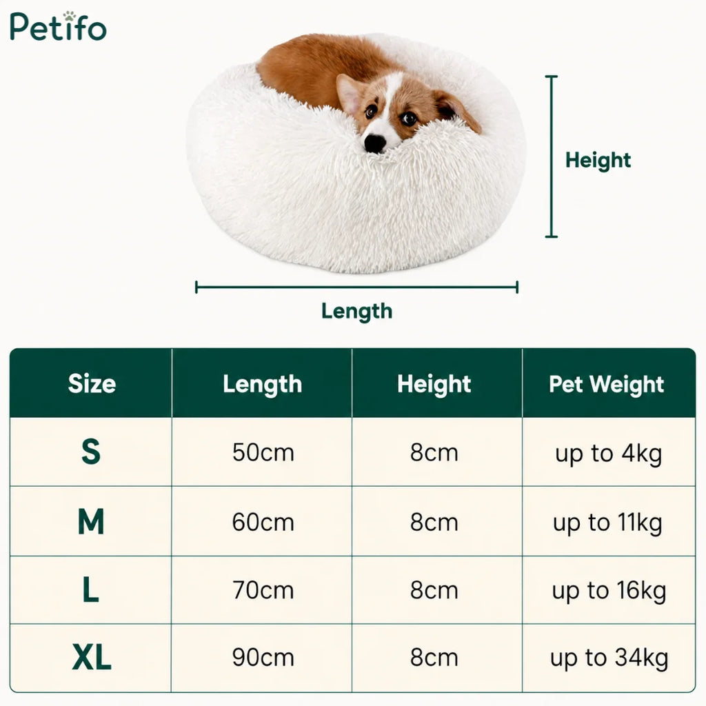 Size guide chart for Petifo round calming pet beds listing dimensions, heights, and weight limits.