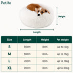 Size guide chart for Petifo round calming pet beds listing dimensions, heights, and weight limits.