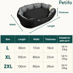 Size chart for Petifo waterproof pet beds showing dimensions for L, XL, and 2XL sizes.