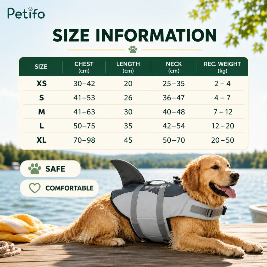 Größentabelle für die Petifo-Hundeschwimmweste neben einem Golden Retriever, der auf einem Steg liegt.