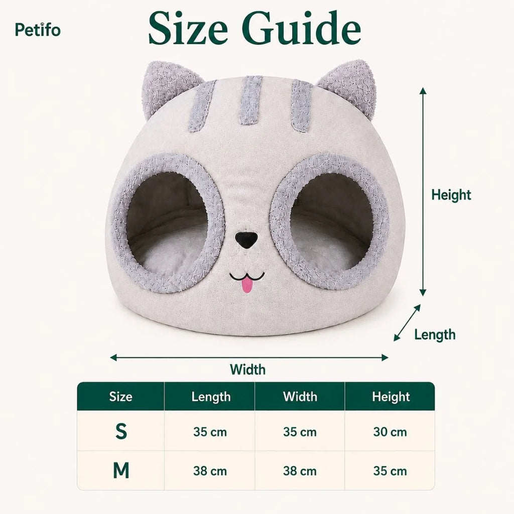 A grey cat-shaped pet bed with dual entry holes, featuring a size chart for Small and Medium dimensions.