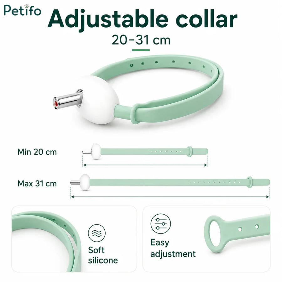 Größenübersicht für das verstellbare Petifo-Halsband mit einem Bereich von 20 bis 31 cm, weichem Silikon und einfacher Verstellung.