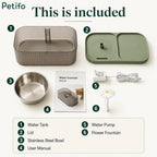 Product packaging contents overview displaying the water tank, lid, stainless steel bowl, manual, pump, and flower fountain attachment.